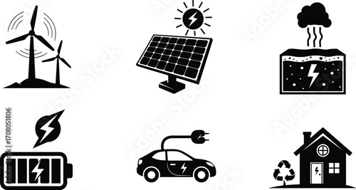 Vector illustration of renewable energy with wind turbines, solar panel, geothermal power, battery storage, electric car charging, eco house, sustainability concept