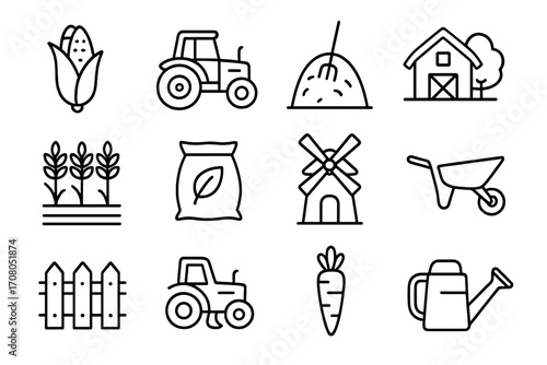Agriculture and farming line icon set. Vector outline illustration of farm elements like tractor, barn, windmill, crops, and tools for web design, apps and infographics.