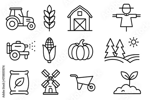 Farming and agriculture line icon set. Rural life and harvest symbols. Vector outline graphic elements for design. Includes tractor, barn, wheat, corn, and pumpkin.