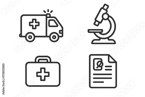 Medical and healthcare line icon set. Ambulance, microscope, first aid kit, and prescription symbols. Emergency services, diagnosis, and treatment concept icons for web.