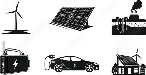 Vector illustration of renewable energy with wind turbine, solar panels, geothermal plant, battery storage, electric car charging, sustainable house, eco power concept