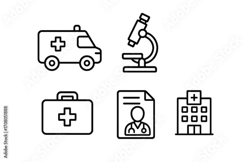 Medical and healthcare linear icon set. Ambulance, microscope, first aid kit, doctor prescription, hospital building. Simple outline pictogram collection for medicine, clinic, and emergency services.