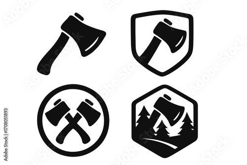 Axe icon set for lumberjack, forestry, and camping emblems. Hatchet logo collection. Vector silhouettes for woodcutter and outdoor adventure themes. Shield and forest concepts.