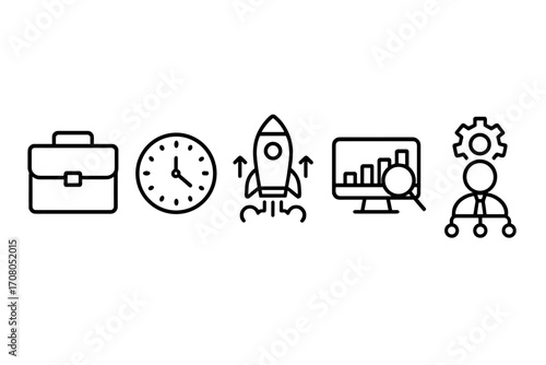 Business line icon set for startup, time management, data analysis, and organization. Modern thin line vector icons for web design, apps. Briefcase, clock, rocket, chart.