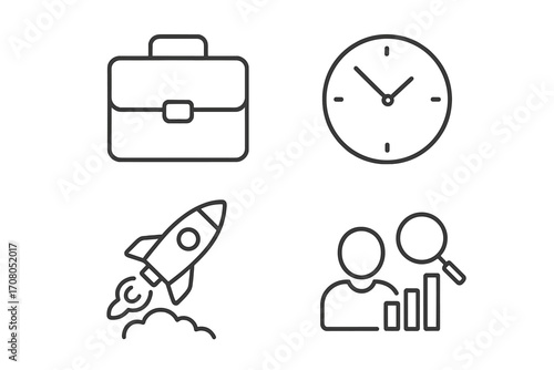 Business startup icon set. Thin line icons for project management, time efficiency, data analysis, and company growth. Vector symbols for briefcase, clock, rocket, and analytics.