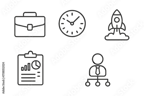 Business line icon set for project management, startup launch and data analysis. Vector collection with briefcase, clock, rocket, analytics report and corporate structure.