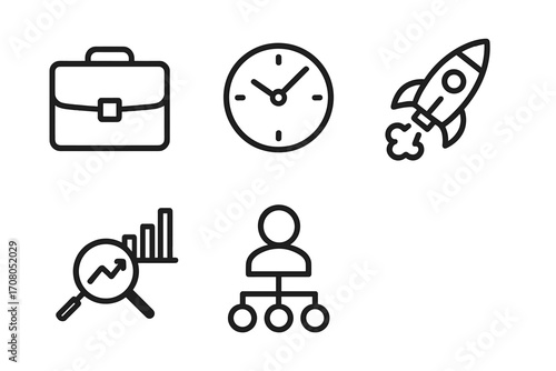 Business line icon set for startup success. Thin outline icons for web and app design. Vector collection of briefcase, time management, rocket launch, data analysis, team hierarchy.