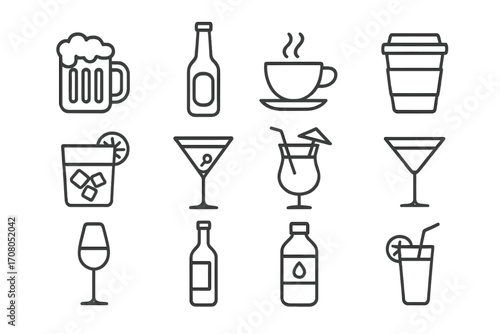 Drink & beverage line icon set. Beer, coffee, tea, cocktail, wine, water, juice symbols. Editable stroke vector outline pictograms for bar, cafe menu, web, mobile app.