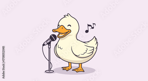 A cute cartoon duck singing into a microphone with musical notes floating in the air, representing a performance or a song