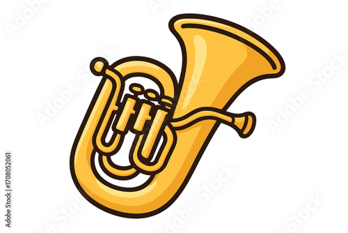 Tuba vector icon. Golden brass wind musical instrument cartoon illustration. Orchestra, band, or classical music concert symbol. Isolated on white background for design.