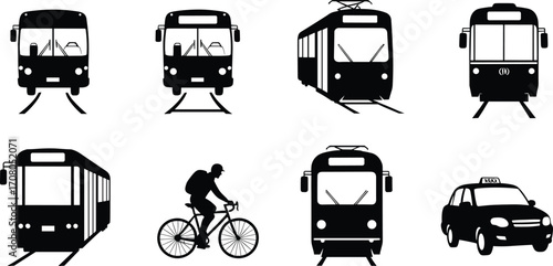 Vector illustration of urban transport with tram variations, bicycle rider, taxi cab, city commute, public transport, sustainable travel, mobility concept