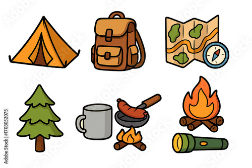 Camping icon set. Cartoon collection of hiking and adventure elements. Outdoor travel equipment symbols. Vector illustration with tent, backpack, map, compass, and campfire.