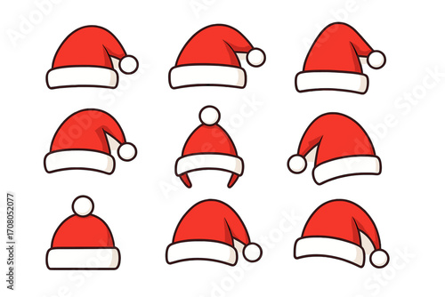 Set of red Santa Claus hats. Christmas hat collection. Vector cartoon illustration in flat style. Winter holiday accessory icons for festive design elements. Xmas cap symbol.