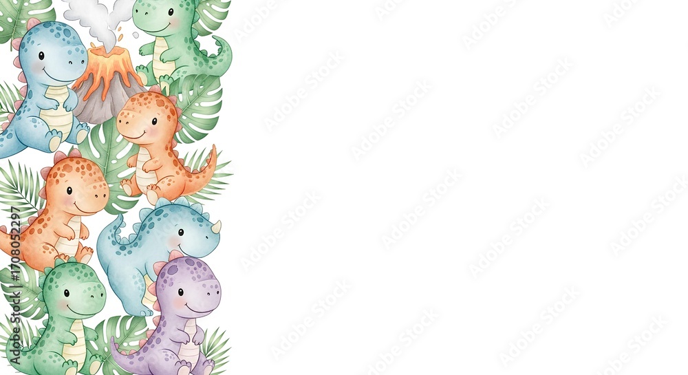 Fototapeta premium Charming Cartoon Dinosaurs and Lush Tropical Leaves Border Design for Festive Occasions and Children's Products