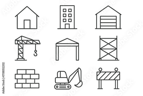 Construction and building line icon set. Real estate and architecture symbols. Vector house, crane, excavator, scaffolding, and garage. Editable stroke pictograms for web.