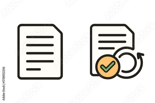 Document revision and approval vector icon set. File review, contract audit, and report update. Process confirmation with checkmark. Compliance and verification symbol.