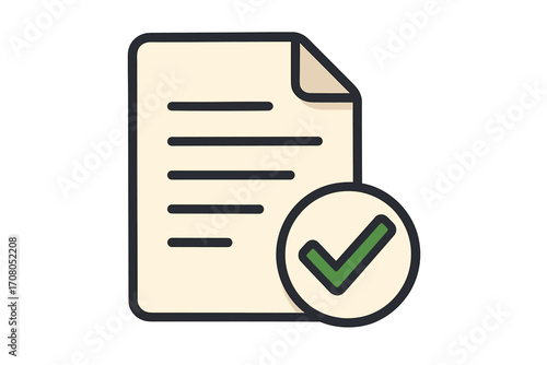 Document approved icon. Verified contract with checkmark. Confirmed agreement symbol. Compliance and validation concept. Task completed successfully. Paper checklist vector.