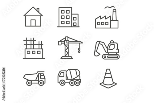 Construction and building industry icon set. Vector outline symbols for house, factory, crane, excavator, and truck. Real estate development and engineering linear pictograms.