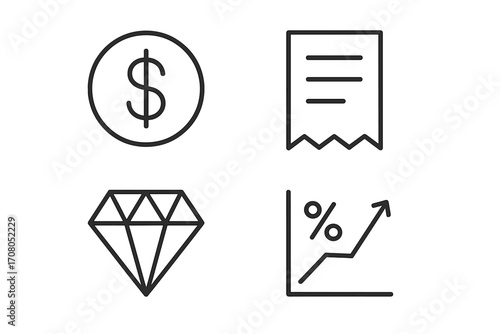 Finance and business line icon set with dollar coin, receipt, diamond, and growth chart. Vector pictograms for money, payment, value, and investment profit concepts.