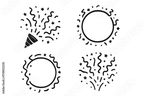 Celebration doodle icon set. Confetti burst, party popper, circle frame with streamer and star. Birthday, new year, anniversary fun surprise. Black vector silhouette graphic.