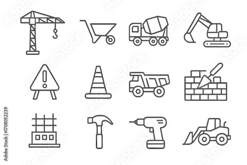 Construction line icon set. Building industry pictogram collection with crane, excavator, cement truck, and tools. Editable stroke vector symbols for development and engineering.