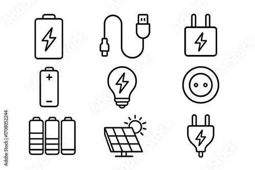 Energy line icon set. Power and electricity symbols. Vector collection for web, apps. Battery, charge, solar panel, plug, socket, usb cable, lightbulb. Thin outline style.