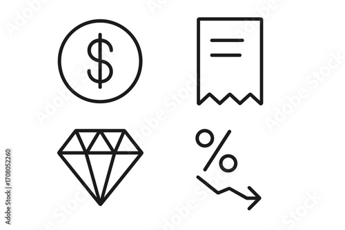 Finance and business line icon set with dollar coin, receipt, diamond, and percent down arrow. Vector concepts for money, sales, value, discount, economy, and investment.
