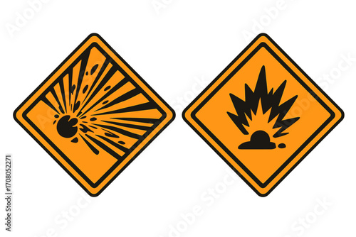 Explosive material hazard sign vector set. GHS pictogram for dangerous goods. Exploding bomb symbol for safety warning label. Danger risk concept illustration collection.