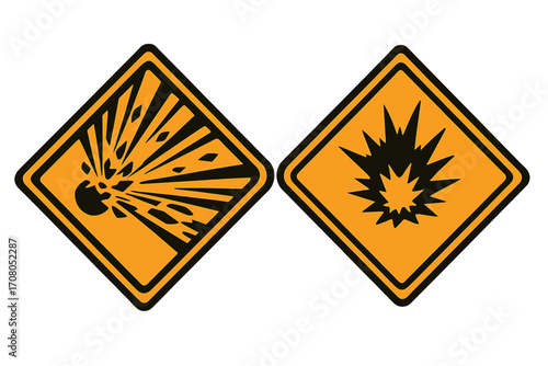 Set of explosive material hazard signs. Vector illustration of warning symbols for dangerous, explosive substances. Pictogram for risk and safety. Bomb explosion icon.