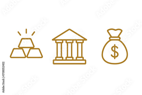 Finance and banking line icons set. Gold bars, bank building, money bag with dollar sign. Concepts for wealth, investment, savings, economy, profit, and financial services.