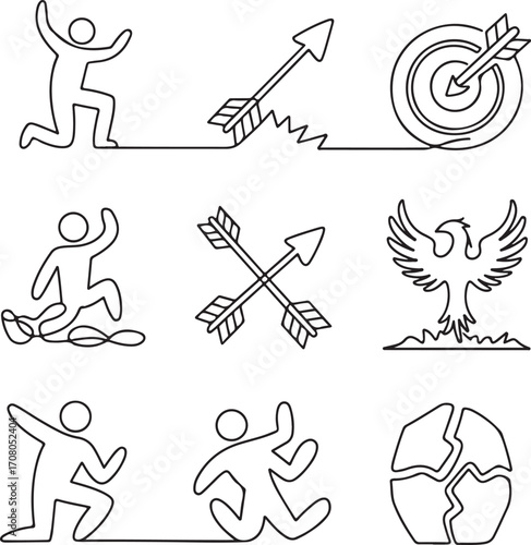 continuous, one, line, icons, depicting, challenge, success, personal, growth, single, lineart, drawing, symbol, goal, target, achievement, failure, obstacle, business