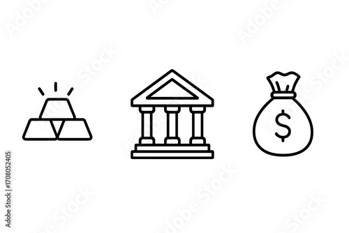 Finance and banking icon set with gold bars, bank building, and money bag. Outline vector symbols for investment, wealth, savings, economy, and currency. Simple linear design.
