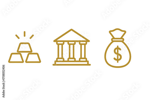 Gold bar, bank and money bag vector line icon set. Finance, wealth and investment concept. Simple outline pictogram collection for web and apps. Editable stroke cartoon illustration.