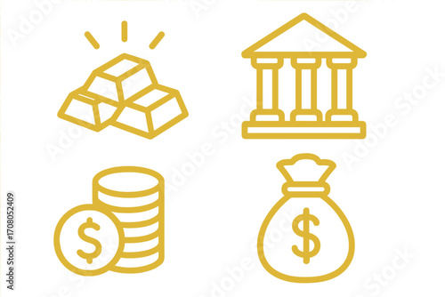 Finance and banking line icon set. Gold bars, bank building, money bag, and dollar coins. Simple vector icons for economy, investment, wealth, and savings. Editable stroke.