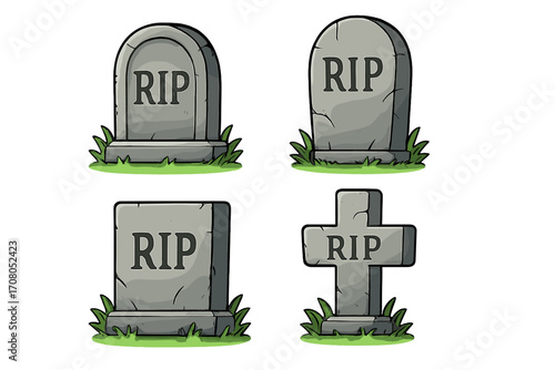 Cartoon gravestone vector set. Tombstone and headstone collection with RIP lettering. Halloween icons for cemetery, grave, death and funeral themes. Stone cross illustration.