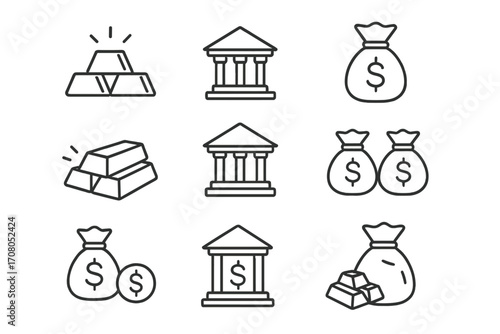 Bank finance thin line icon set. Gold bars, money bag with dollar sign, bank building icons. Financial concepts vector illustration. Wealth, savings, investment, treasure.