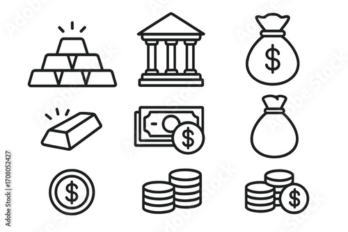 Finance and banking thin line icon set. Gold bars, money bag, bank building, coins and currency symbols. Investment, wealth, savings and economy vector pictogram collection.