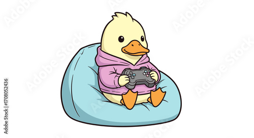 Cute cartoon duckling wearing a pink hoodie, sitting on a light blue beanbag chair and playing a video game with a controller