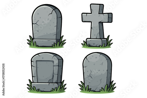 Set of cartoon gravestones with grass. Tombstone icons in different shapes and stone textures. Vector illustration for Halloween design. Headstone, grave, cross for a cemetery.