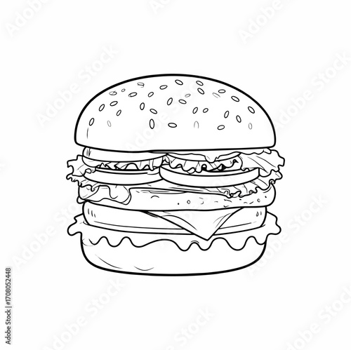 Vector icon of hamburger with bun, lettuce, cheese,