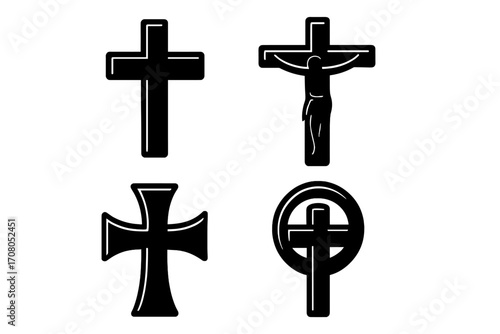 Christian cross icon set. Crucifix with Jesus Christ silhouette. Collection of religious symbols. Faith, spirituality, Catholicism concept. Black vector graphic elements isolated.