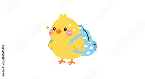 Cute cartoon yellow chick with a blue backpack with clouds, , ready for school or adventure, with sparkling eyes and rosy cheeks, representing childhood and learning