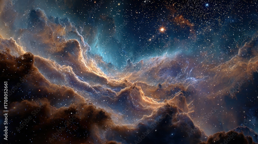 Fototapeta premium A breathtaking cosmic scene filled with colorful clouds, stars, and a sense of infinite depth, evoking the beauty and mystery of the universe.