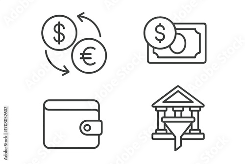 Money exchange thin line icons set. Finance, currency conversion, wallet, and bank funnel vector pictograms. Editable stroke for web, apps. Dollar, euro, cash payment symbols.