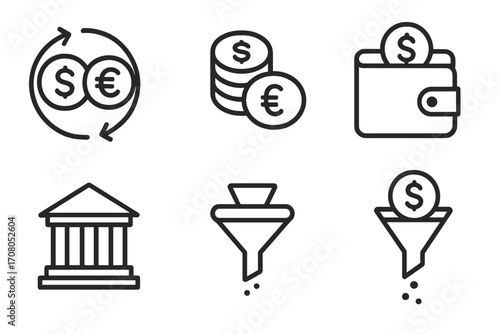 Finance and money thin line icon set. Currency exchange, bank, wallet, cash payment, and sales funnel vector symbols. Business transaction & investment concept.