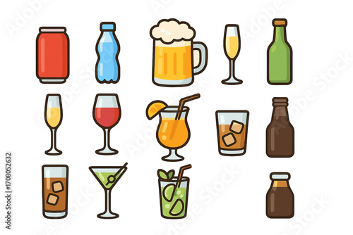 Drink and alcohol icon set. Vector illustrations of beer, wine, cocktails, soda. Perfect for bar menu design, party invitations, web, and apps. Flat beverage collection.