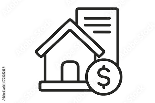 Mortgage agreement line icon. Real estate loan and home financing concept. Property investment and house buying symbol. Residential building, document, and dollar coin vector.