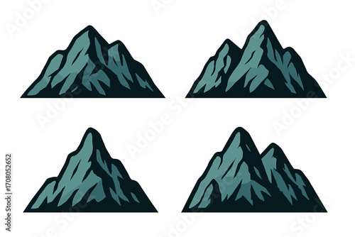 Mountain icon set vector collection. Rocky mountains silhouette logo element. Symbol for outdoor adventure, travel, hiking, climbing. Nature landscape peak graphic design.