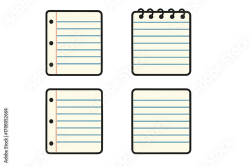 Notebook paper icon set. Lined notepad and binder paper sheets in a simple cartoon vector style. Memo and note taking concept for school, office, and education. Template.