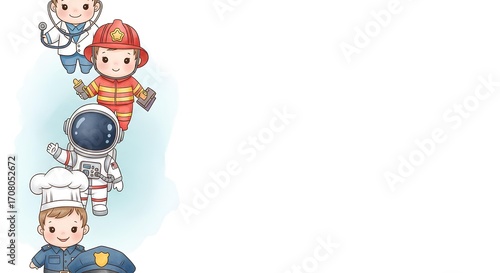 Wallpaper Mural Cartoon depiction of various professions including doctor, firefighter, astronaut, chef and police officer Torontodigital.ca